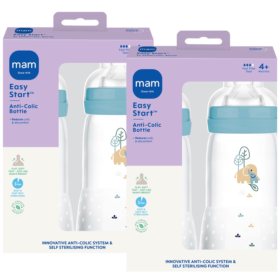 image 1 of 2 x MAM Easy Start Anti-Colic 320ml Baby Bottle Fast Flow Teat Pack of 2 Blue | Multi | Not provided