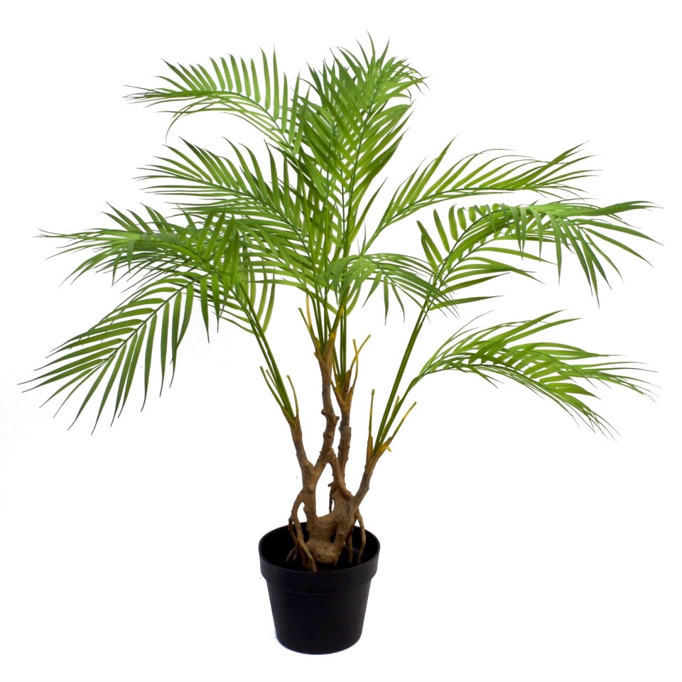 image 1 of 90cm Artificial Areca Palm Plant Realistic Detail Trunk with Gold Metal Planter | Green | 3ft