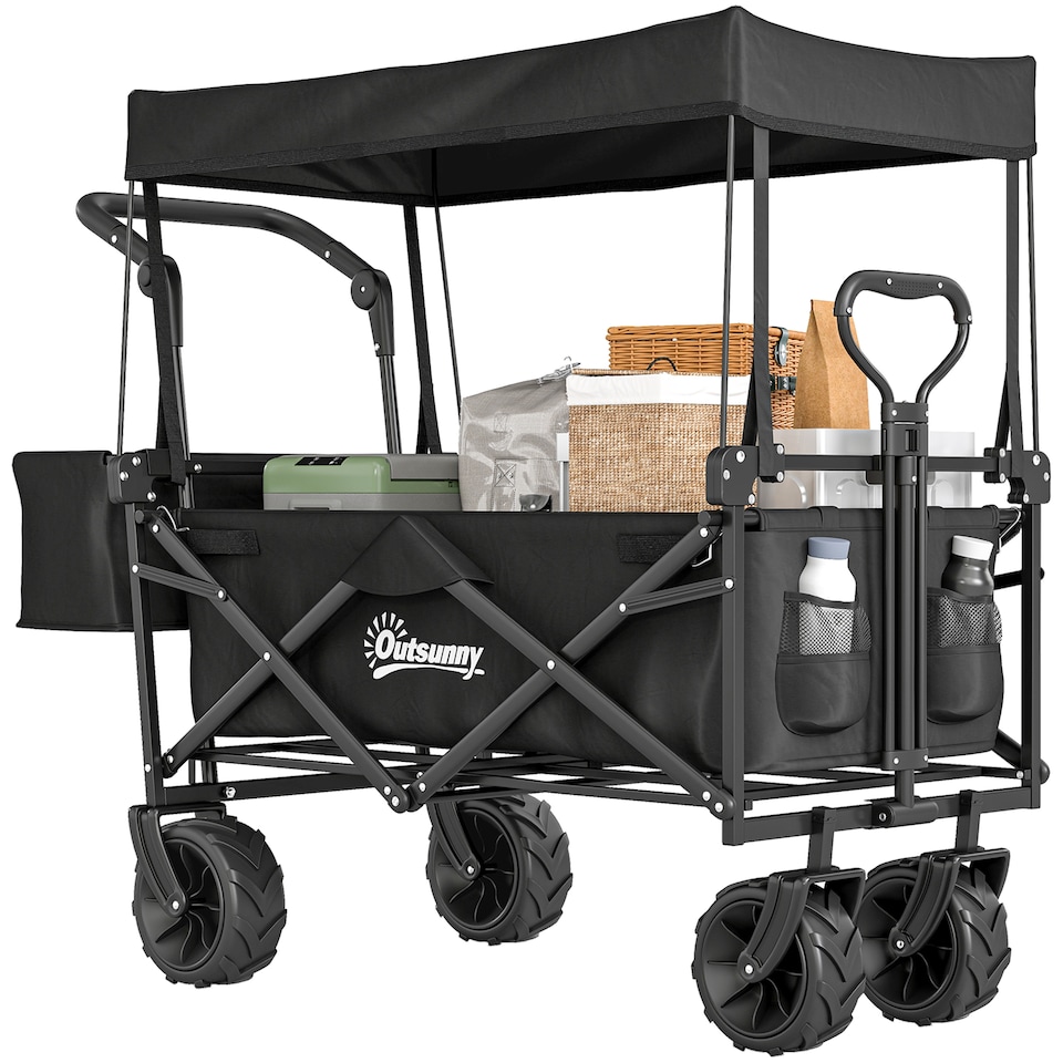 image 1 of Outsunny Outdoor Push Pull Wagon Stroller Cart w Canopy Top Black