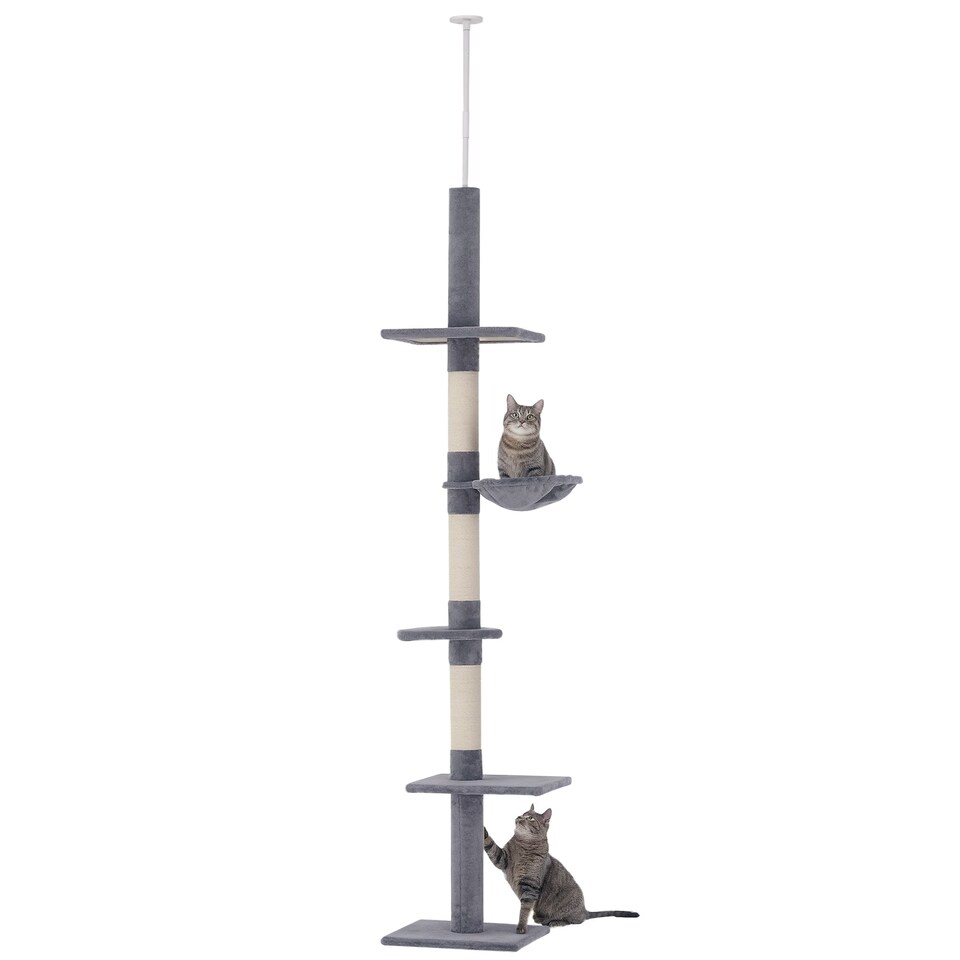 image 1 of PawHut Floor to Ceiling Cat Tree 5-Tier Climbing Tower Scratching Post Grey