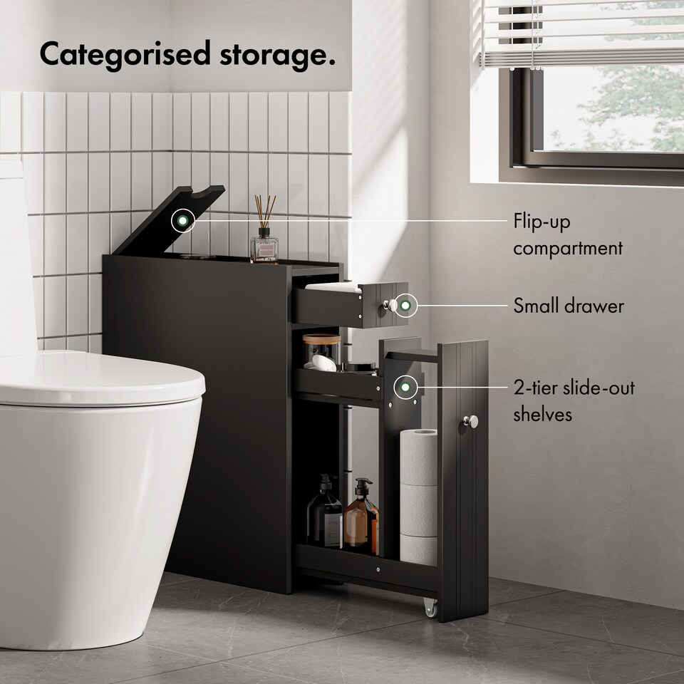 image 1 of VonHaus Shrewsbury Black Slim Bathroom Storage Unit with Drawers