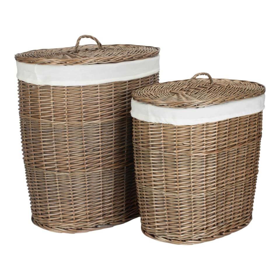 image 1 of Set of 2 Antique Wash White Cotton Lined Oval Willow Laundry Basket