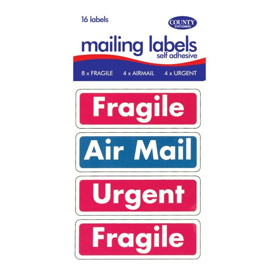 image 1 of MAILING LABELS 16 SELF ADHESIVE 95MM X 30MM 8 FRAGILE 4 AIRMAIL 4 URGENT