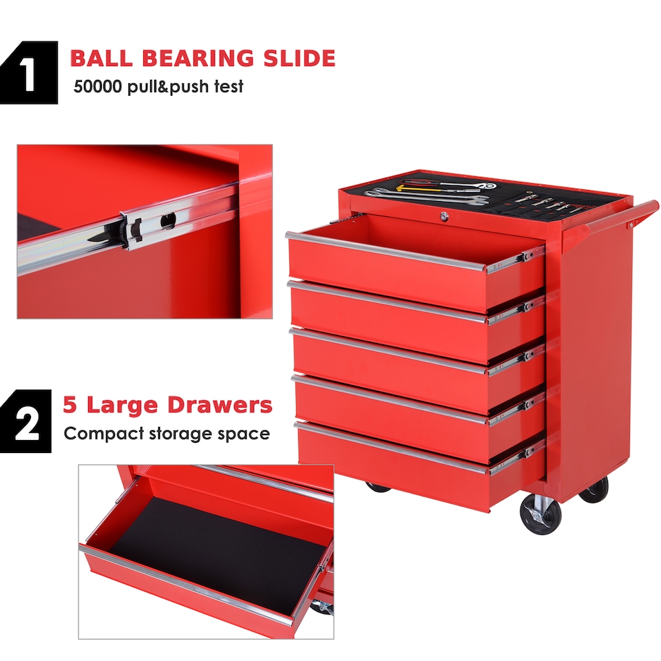 image 1 of DURHAND 5-Drawer Lockable Tool Storage Cabinet with Wheels, Handle, 2 Keys, Steel Home Work DIY Workshop Chest, Garage Equipment Trolley, Red
