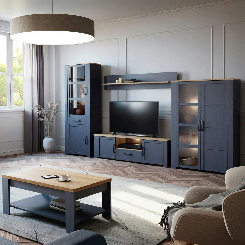 image 1 of Bohol Narrow Display Cabinet inc. 2x LED Lights in Riviera Oak/Navy
