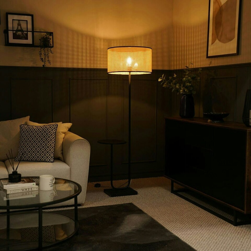 image 1 of ValueLights Tavel Matte Black Floor Lamp with Large Natural Drum Shade and LED Bulb