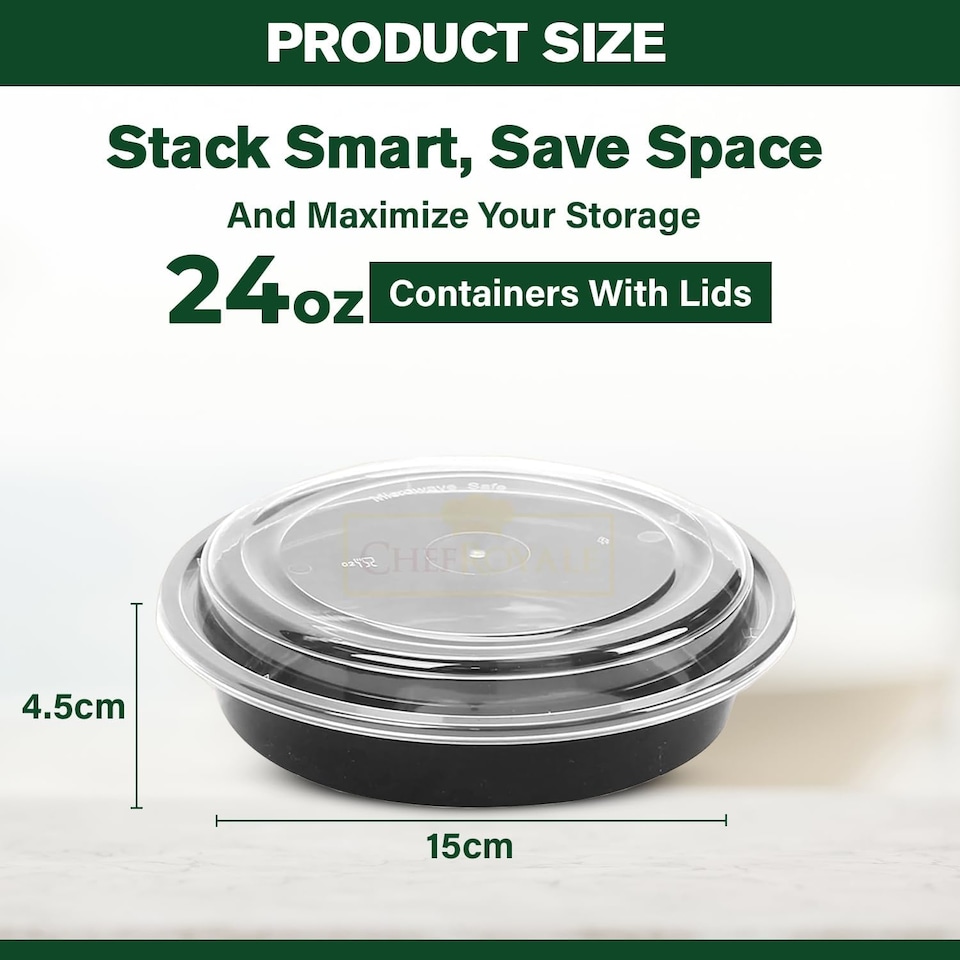 image 1 of ECONX 24oz Black Round Plastic Meal Prep Container With Lids Reusable BPA Free Food Containers 50pc