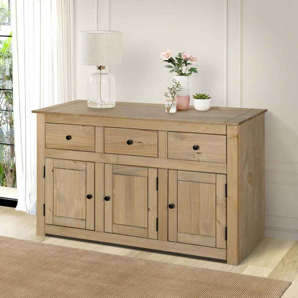 image 1 of Panama Sideboard 3 Door 3 Drawer Solid Pine Wood Waxed Oak Finish