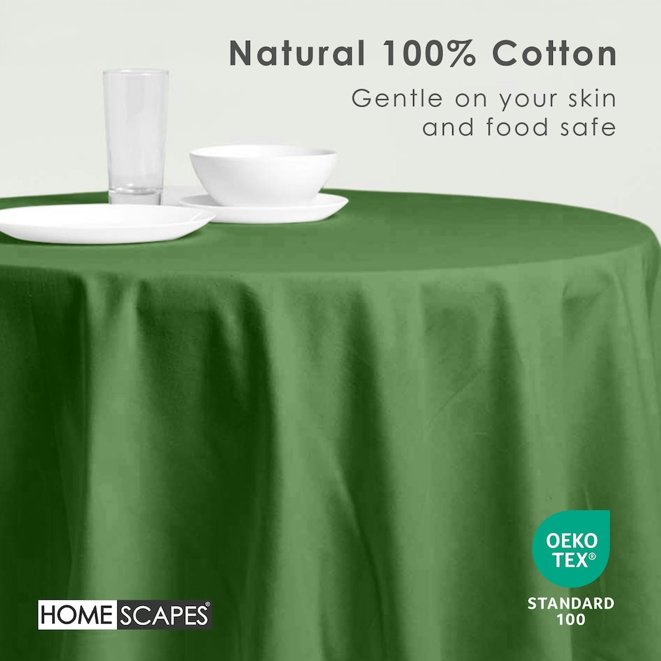 image 1 of Homescapes Plain Cotton Dark Green Tablecloth - 178 cm Round Green