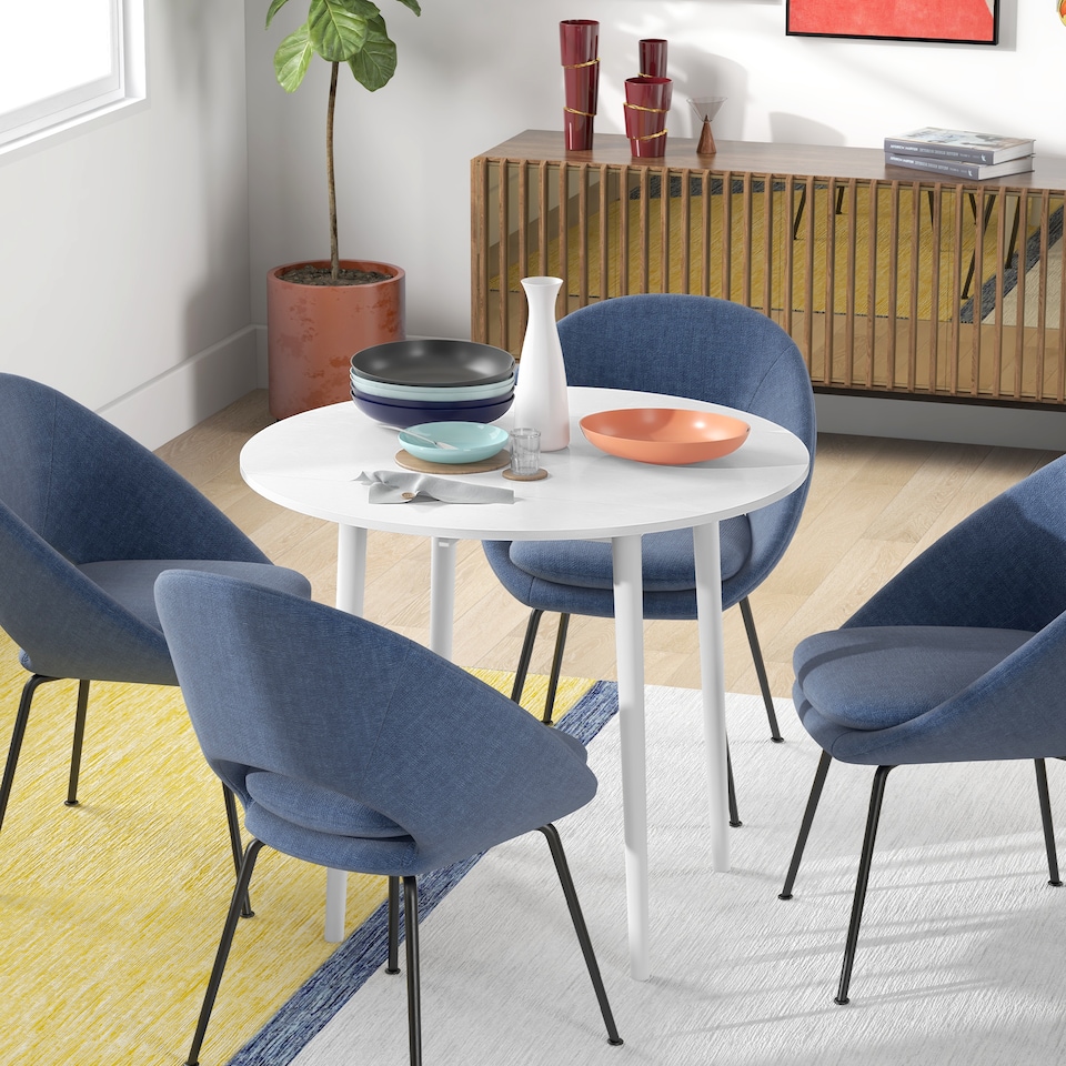 image 1 of HOMCOM Folding Dining Table for 4, Round Drop Leaf Table, Modern Space Saving Small Kitchen Table with Wood Legs for Dining Room, White