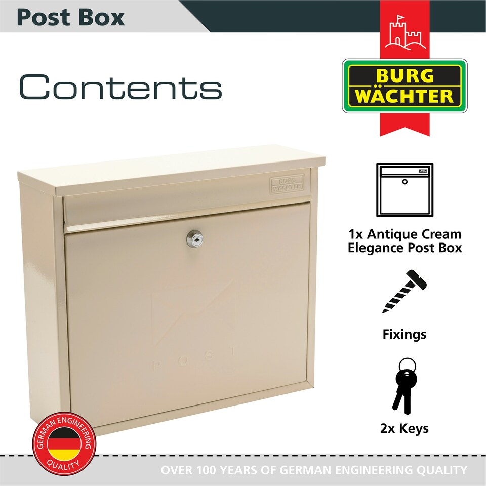 image 1 of Burg-Wachter Elegance Wall Mounted Galvanised Stell Lockable Weatherproof Ppost Box - 36x31x11cm Cream | Antique Cream