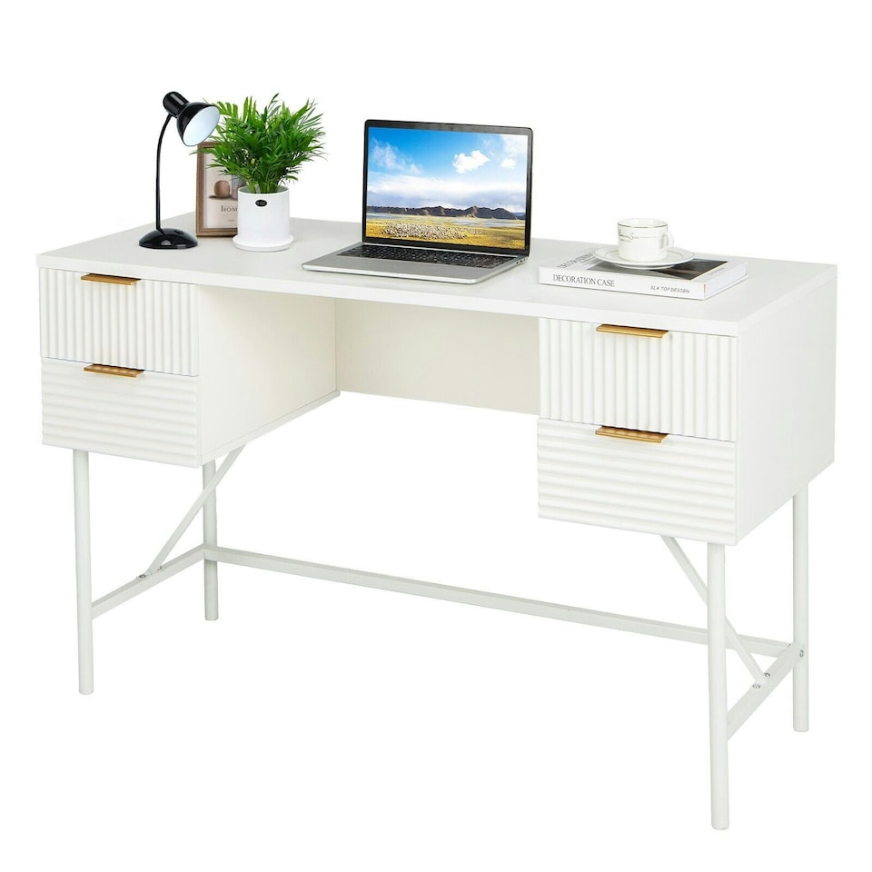 image 1 of COSTWAY Modern Computer Desk with 4 Drawers White