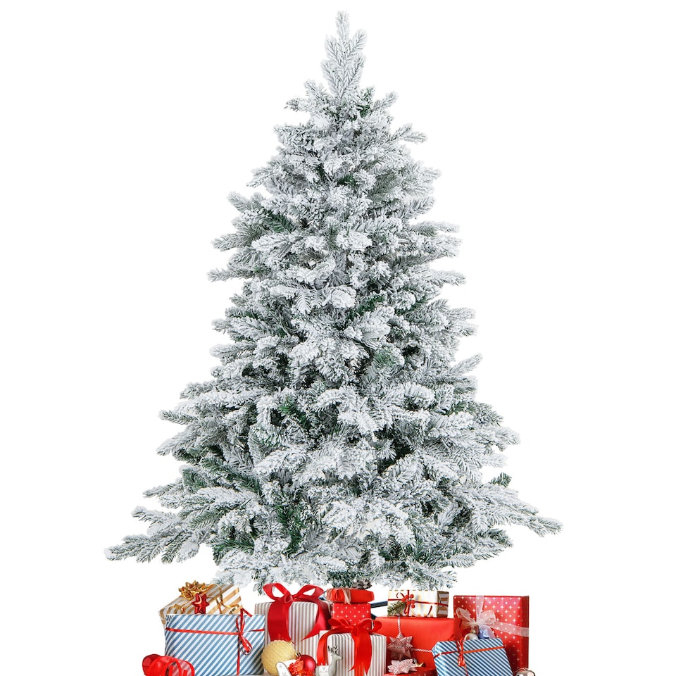 image 1 of COSTWAY 4.5FT Pre-lit Artificial Christmas Tree Hinged Flocked Xmas Tree with LED Lights