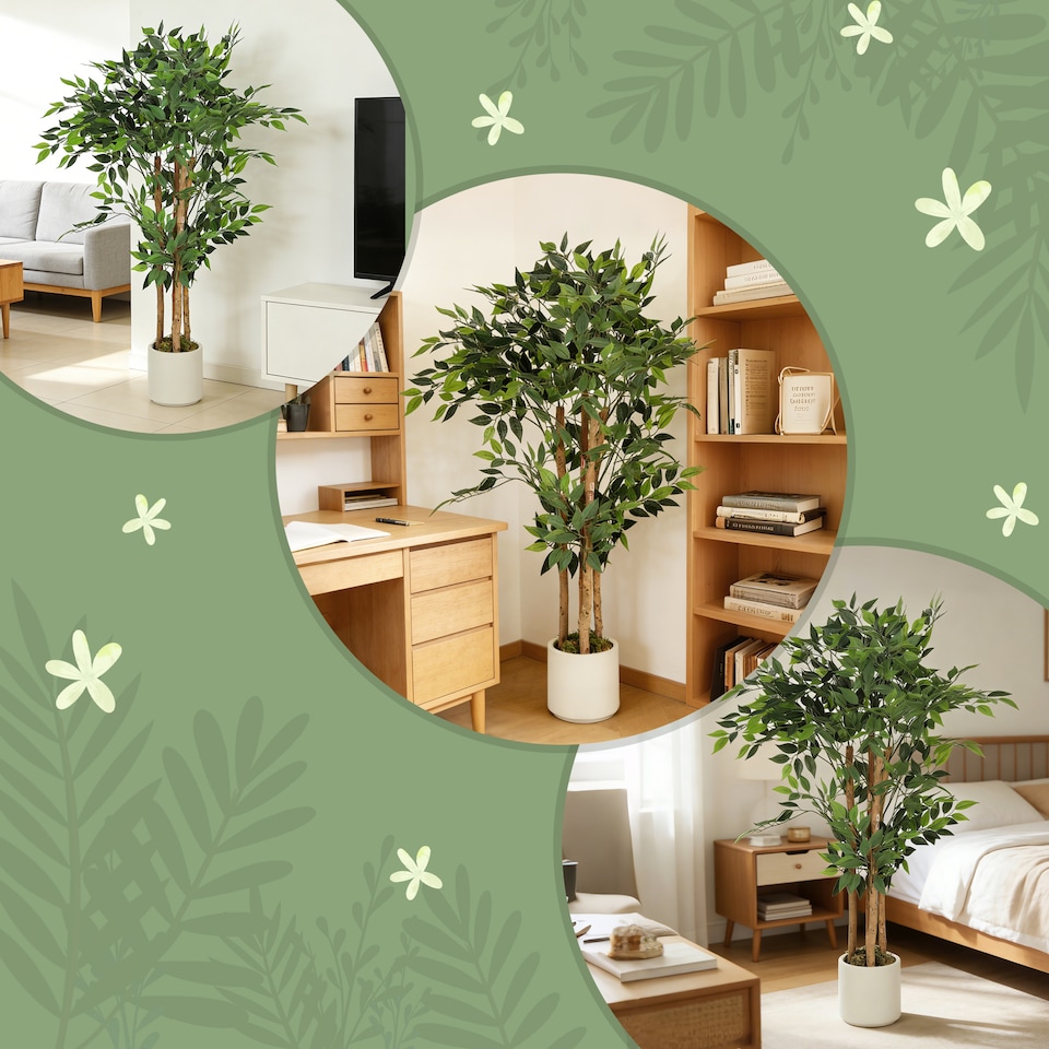 image 1 of HOMCOM 120cm Artificial Banyan Tree, Decorative Artificial Plant with Solid Wood Trunk and Pot for Indoor Living Room Home Office Decor, Green