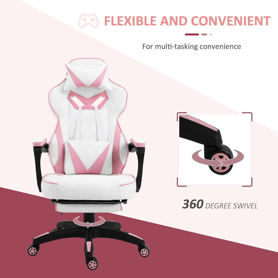 image 1 of Vinsetto Gaming Chair Ergonomic Reclining Manual Footrest Wheels Stylish Pink