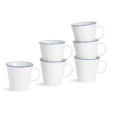 Nicola Spring 270ml Farmhouse Teacups - Set of 6 Porcelain Tea Cups Rustic Cottage Drinkware with Rolled Rim & Comfort Handle | White | White/Blue Rim | 11 x 8.5 x 8.5 CM | 6