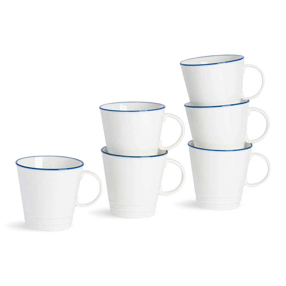 image 1 of Nicola Spring 270ml Farmhouse Teacups - Set of 6 Porcelain Tea Cups Rustic Cottage Drinkware with Rolled Rim & Comfort Handle | White | White/Blue Rim | 11 x 8.5 x 8.5 CM | 6