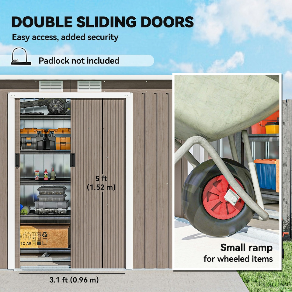 image 1 of Outsunny 9 x 4FT Metal Garden Storage Shed w/ 2 Door, Light Grey Wood Grain Grey