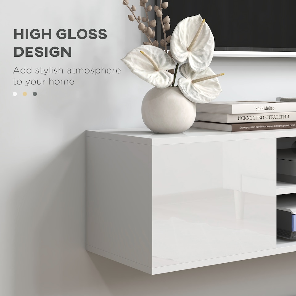 image 1 of HOMCOM Floating TV Stand Cabinet for TVs up to 60 , Wall Mounted TV Unit with Open Shelf, Storage Cupboards and Cable Management for Living Room, White