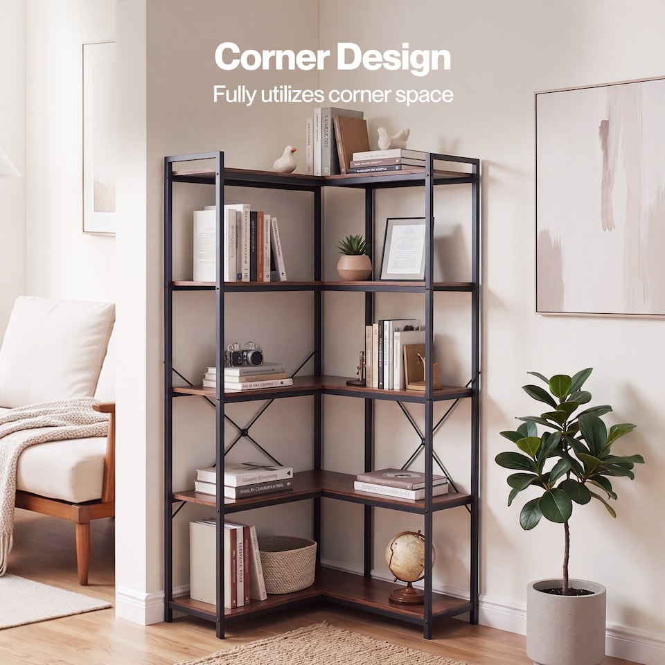 image 1 of Levede Corner Bookcase 5-Tier L-Shaped Bookshelf Space-Saving Spice Walnut Black Metal