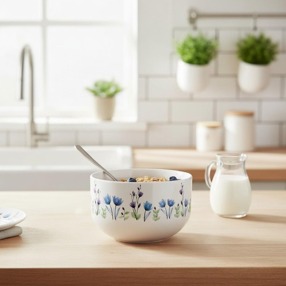 image 1 of Blue & Purple Floral Ceramic Bowl