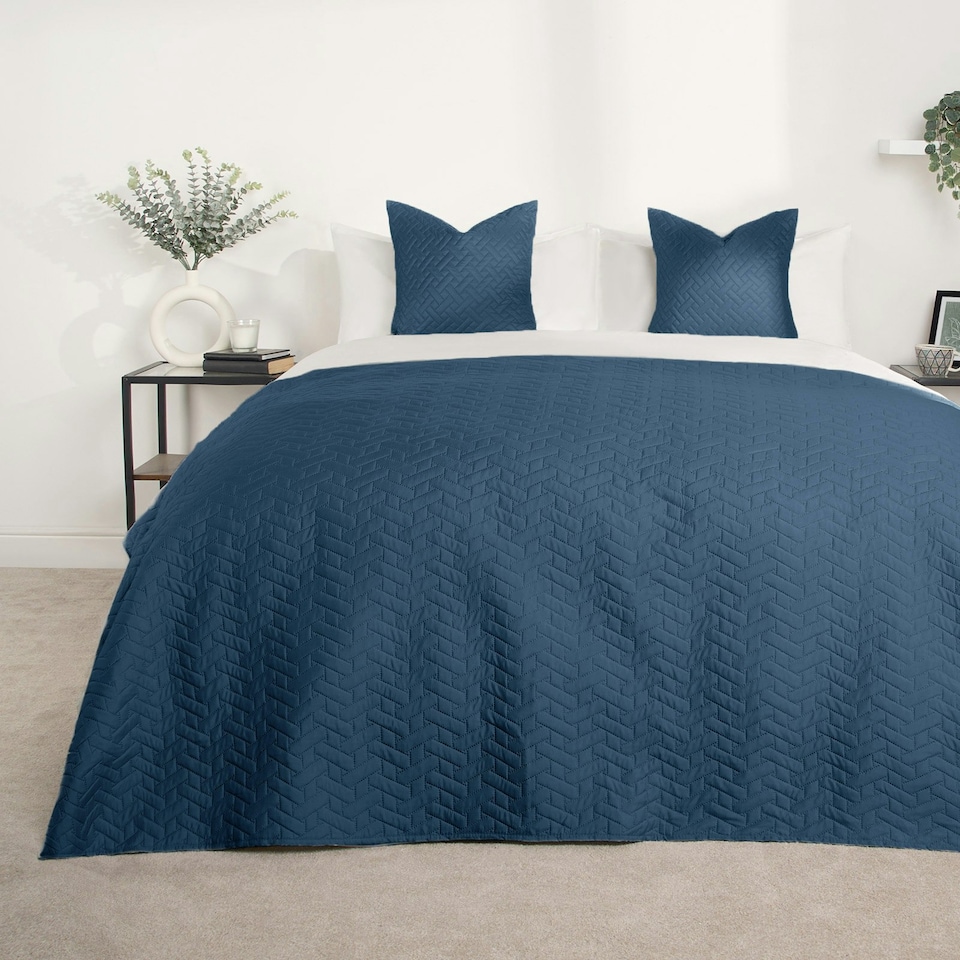 image 1 of OHS Geo Pinsonic Quilted Blanket Bedspread, 200x240cm - Navy Blue