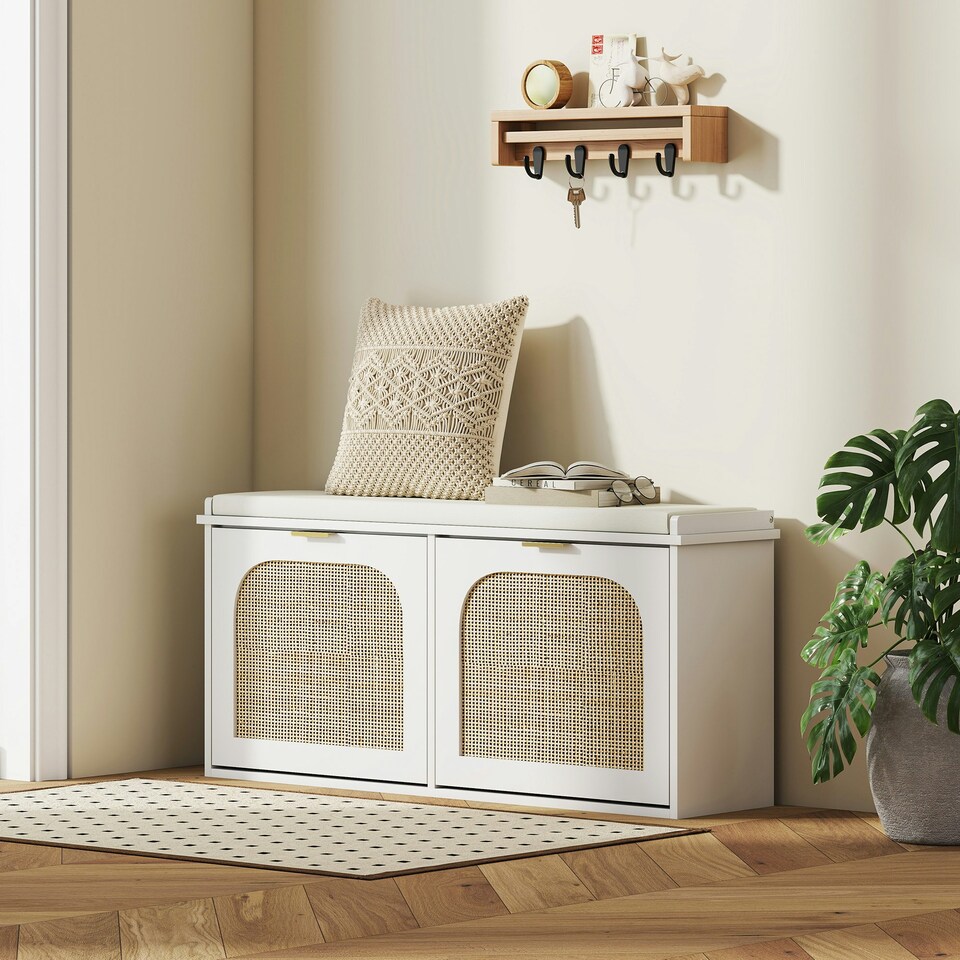 image 1 of HOMCOM Boho Shoe Bench with Padded Seat and 2 Flip-Drawers White