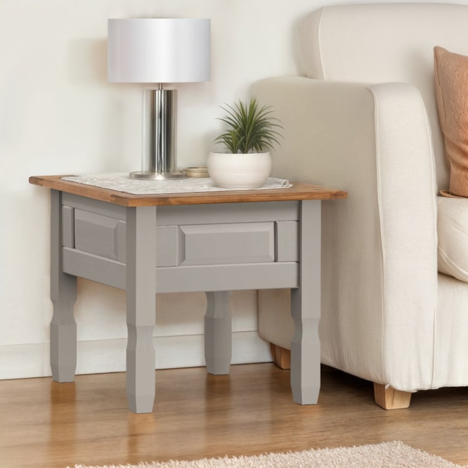 image 1 of Mercers Furniture Corona Grey Wax Lamp Table Small Coffee Side Unit Solid Wood Pine Wooden Living Room with Mexican Styling