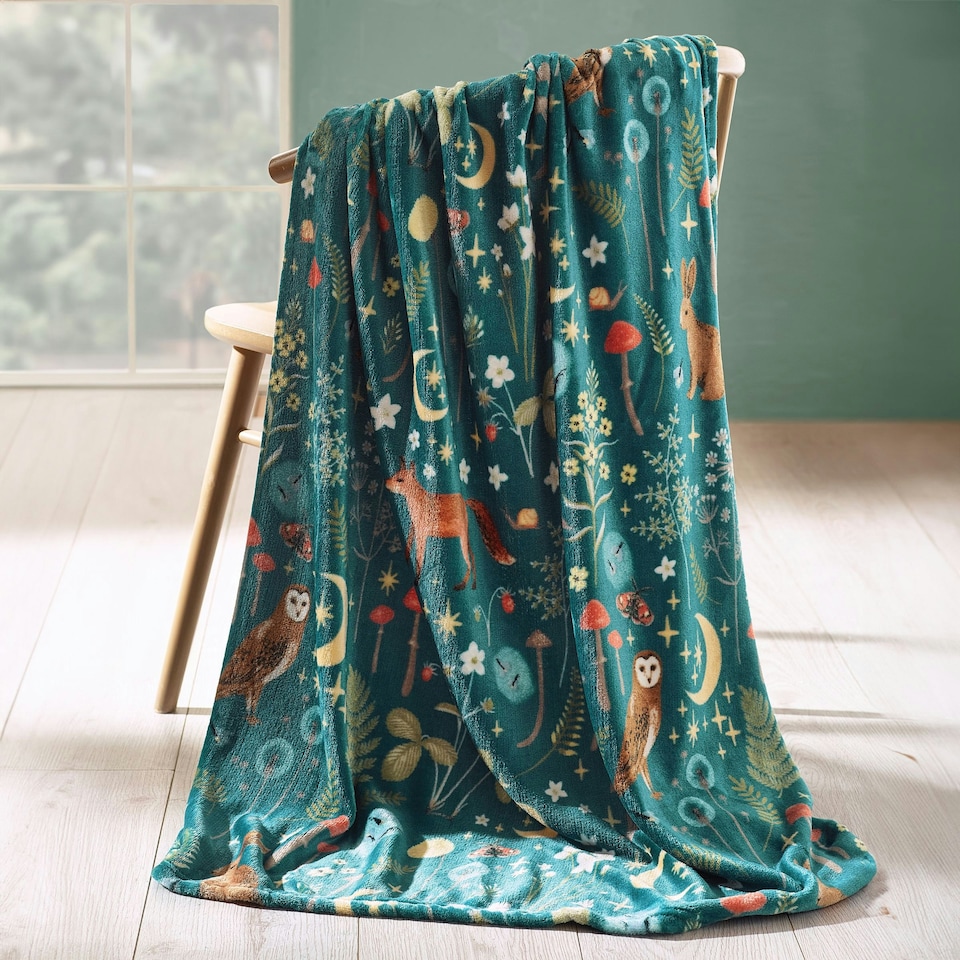 image 1 of Catherine Lansfield Enchanted Twilight Animals Cosy Fleece Blanket Throw Forest Green Green | Forest Green