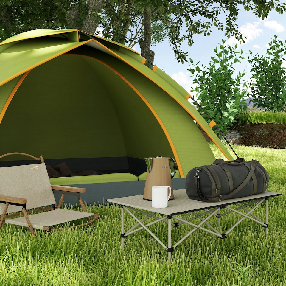 image 1 of Outsunny Portable Folding Camping Table w/ Roll Up Aluminium Top Carry Bag Khaki