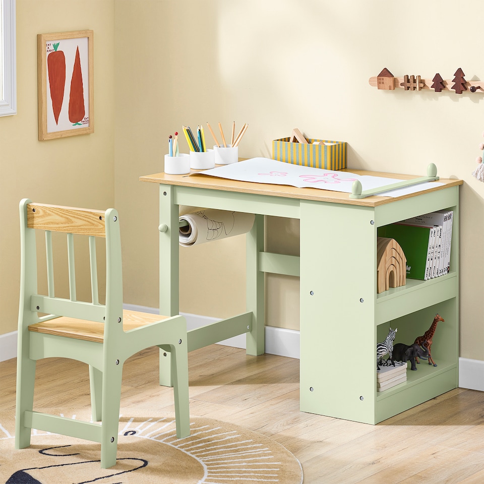 image 1 of SoBuy Kids Desk and Chair Set with 2 Shelves & Paper Roll Holder, Green, 31.4x19.6x25.9 in, 15.3 kg - KMB60-GR
