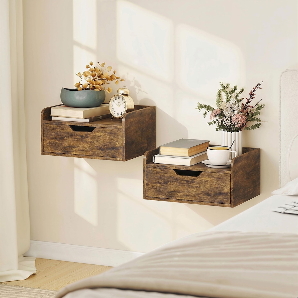 image 1 of HOMCOM Floating Nightstands Set of 2, Nightstand with Drawer | Brown | Natural wood | 40W x 30D x 19.5H cm