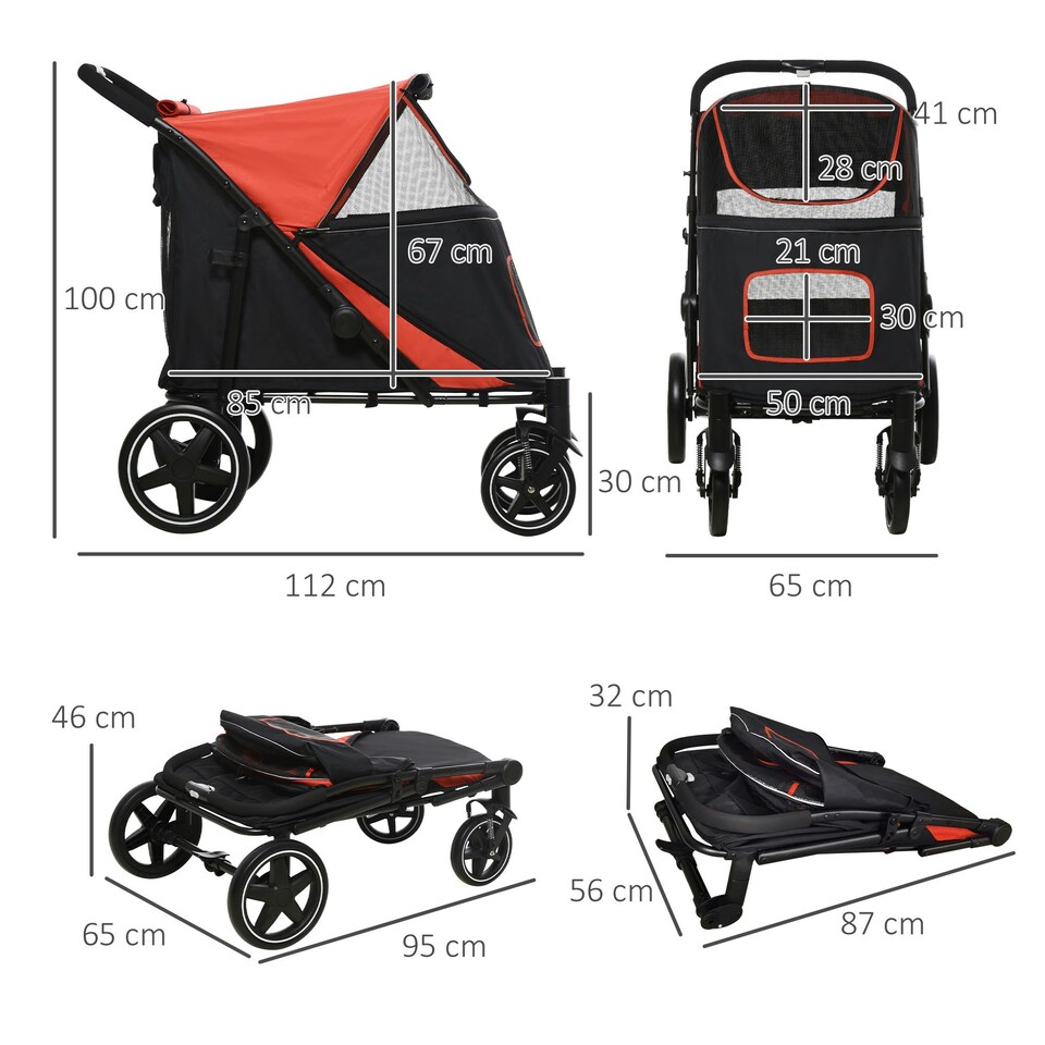 image 1 of PawHut Foldable Dog Carriage w/ Universal Wheels, Shock Absorber, Red