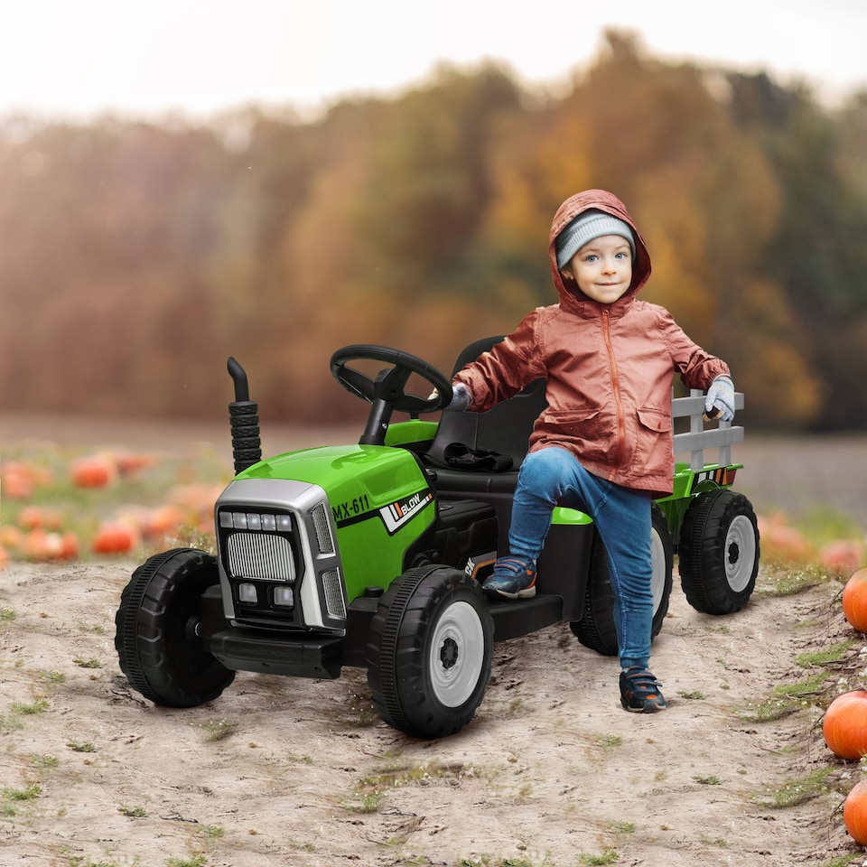 image 1 of HOMCOM Kids Electric Car, 12V Electric Ride on Tractor and Trailer with Detachable Trailer Remote Control, USB, Horn, Lights, Start-Up Sound, for Ages 3-6 Years, Green