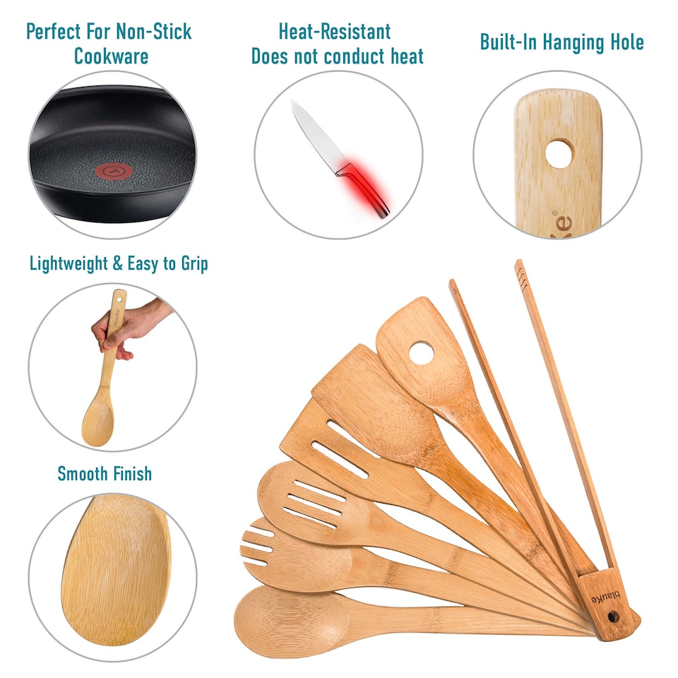 image 1 of BlauKe Wooden Kitchen Utensils Set of 7 - Bamboo Cooking Utensils for Non-Stick Cookware - Wooden Spatulas, Wooden Spoons, Tongs
