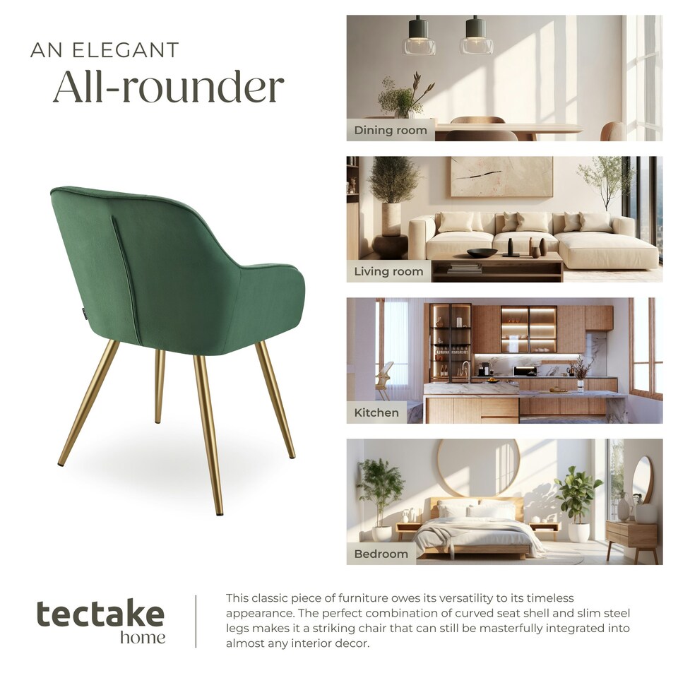 image 1 of Dining Chair Marilyn - quilted velvet, continuous backrest, gold steel legs - per piece Green | Dark Green/Gold
