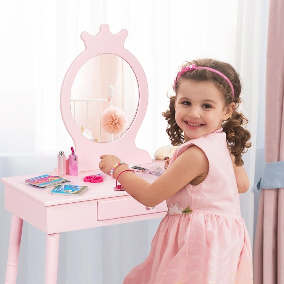 image 1 of COSTWAY Pretend Makeup Dressing Table Kids Vanity Table Pink
