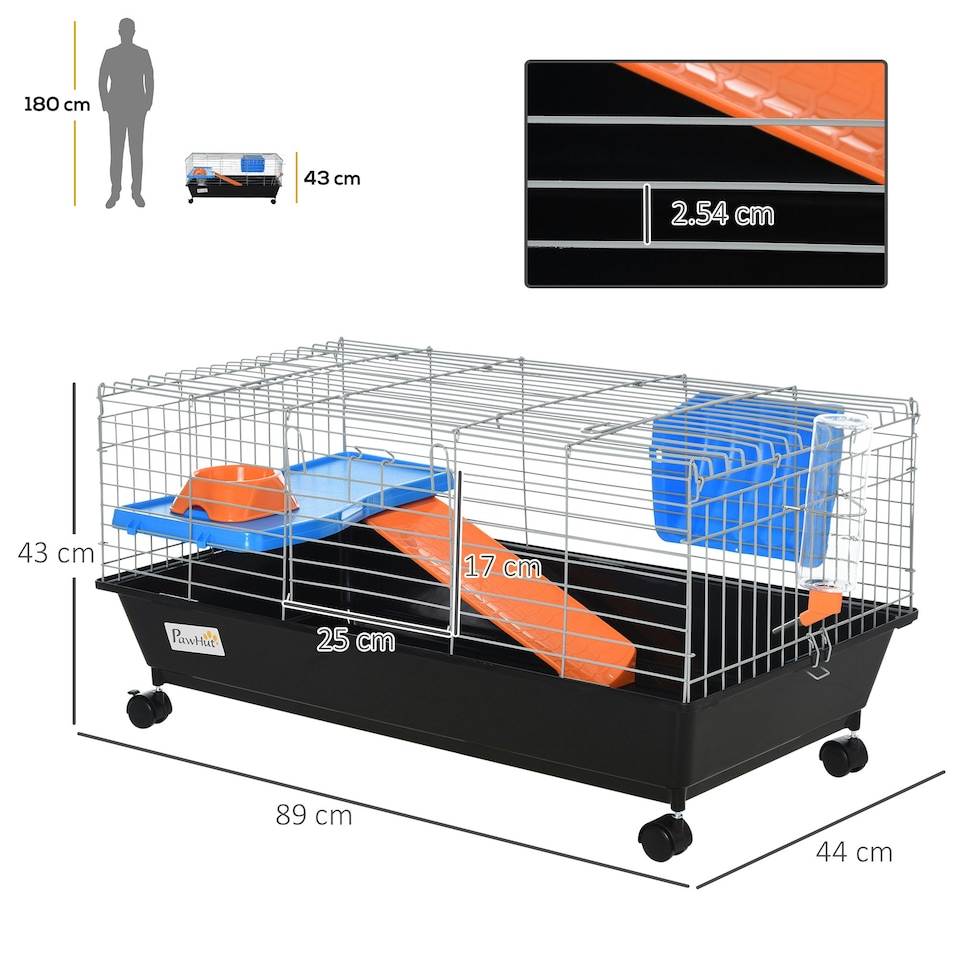 image 1 of PawHut 89cm Small Animal Cage for Rabbit Guinea Pig w/ Food Dish Black