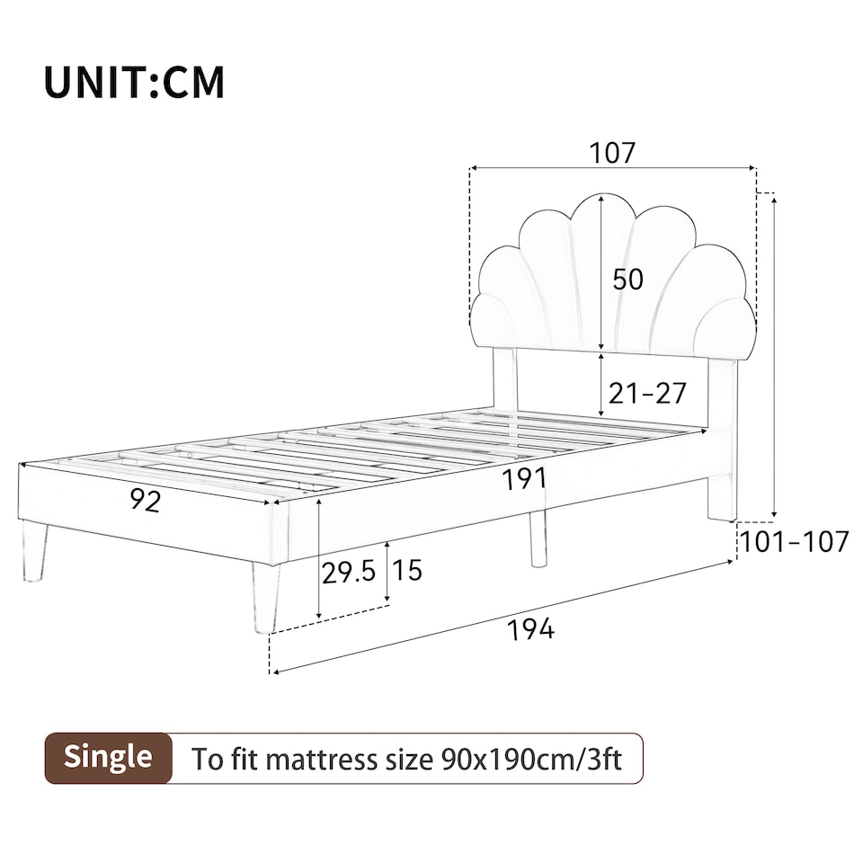 image 1 of Abrihome 3FT Single Velvet Upholstered Bed Frame 90x190cm with Adjustable Petal Headboard, Solid Wood Slats, No Box Spring Needed, Beige