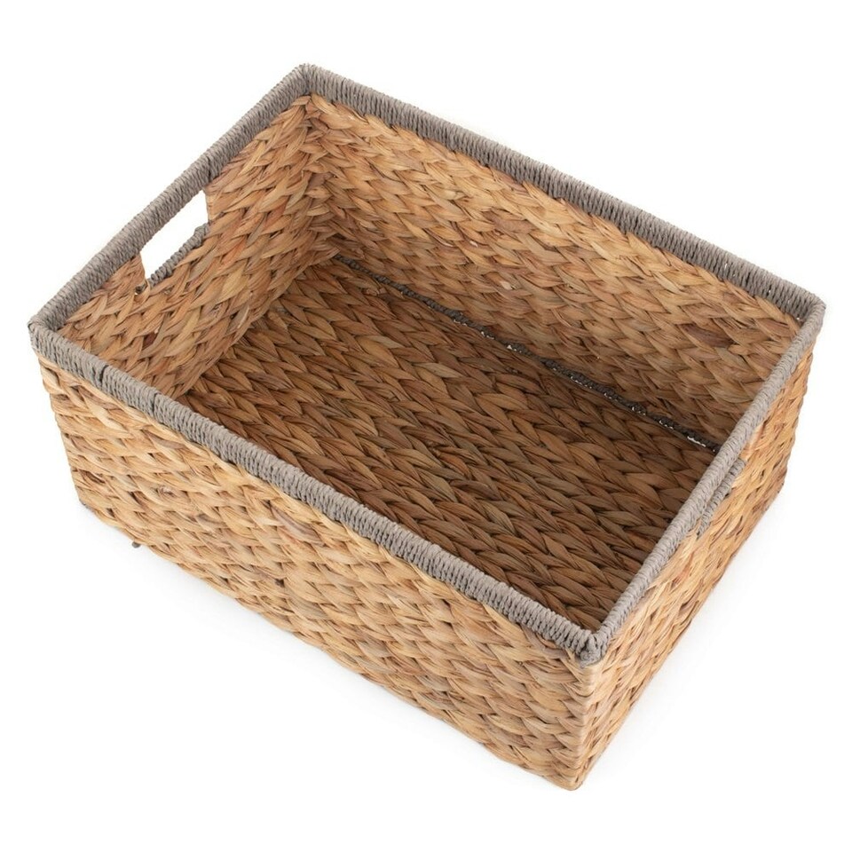 image 1 of Small Water Hyacinth With Grey Rope Border Rectangular Storage Basket | Brown | Brown