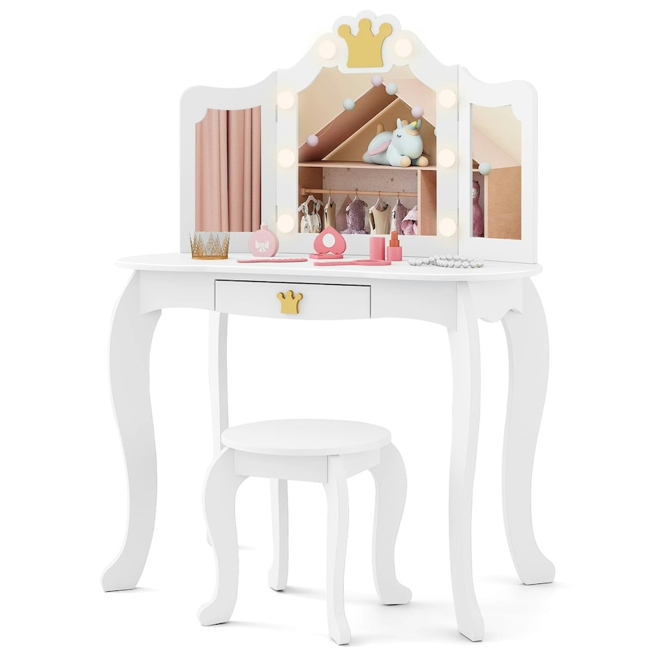 image 1 of COSTWAY Kids Vanity Princess Vanity Table & Chair Set White