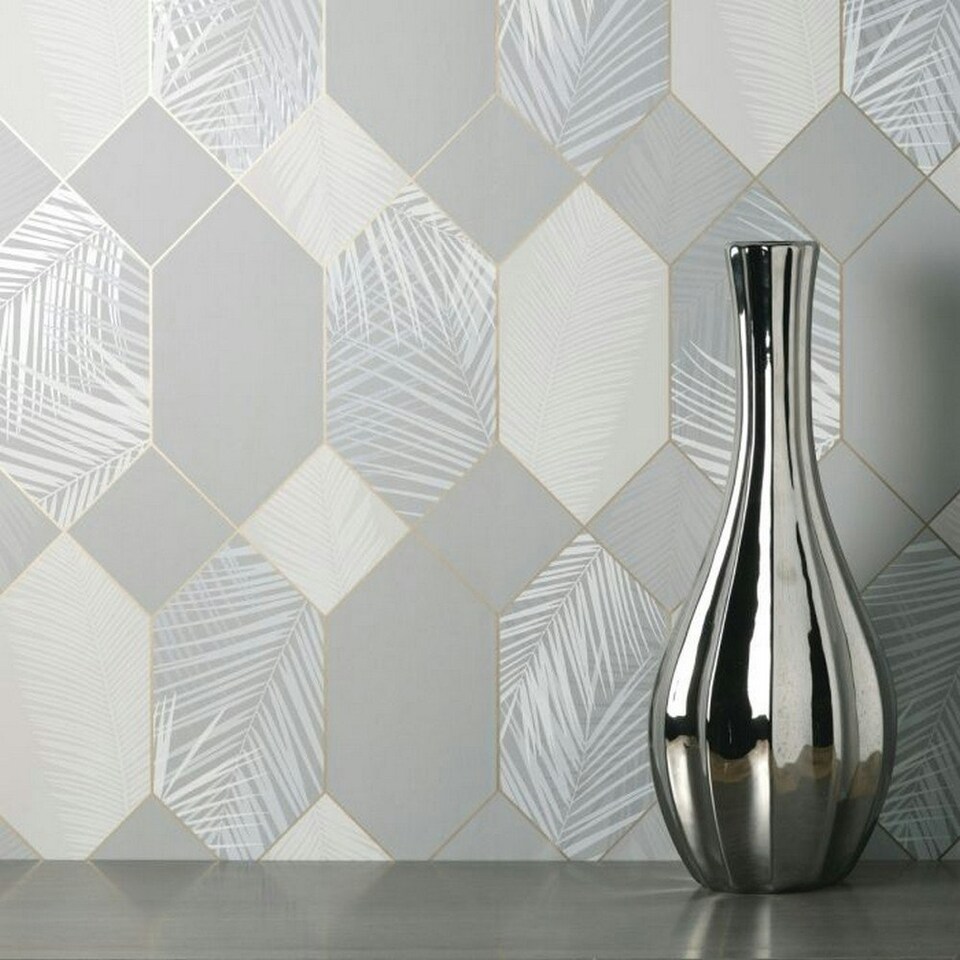 image 1 of Fine Decor Miami Geometric Leaf Wallpaper - Grey - One Size Grey