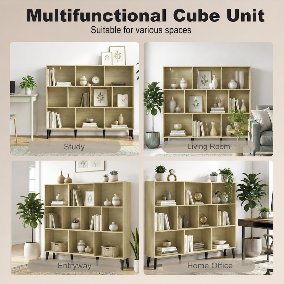 image 1 of HOMCOM 3-Tier Bookshelf with 10 Cubbies, Book Shelf with Wood Legs