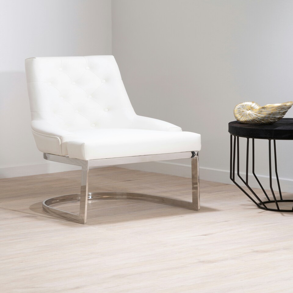 image 1 of Interiors by Premier Luxurious Ivory Faux Leather Dining Chair, Modern Chair With Button Tufted Backrest, Silver Finished Chair White