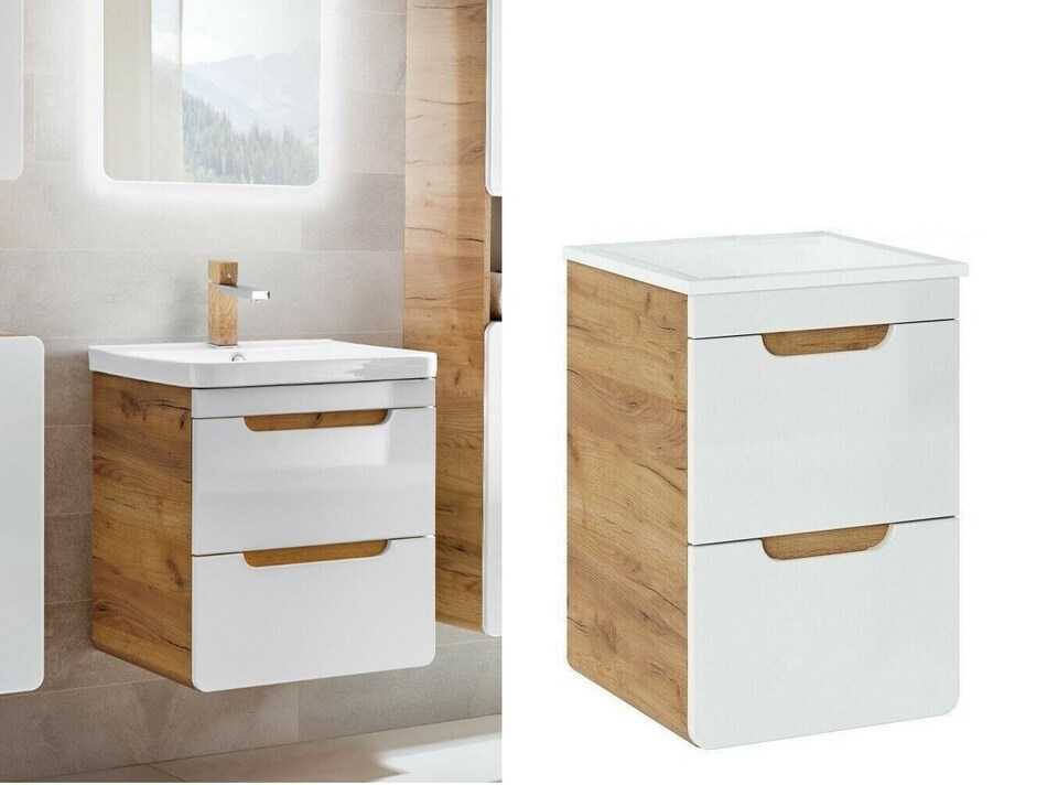 image 1 of Small Bathroom Vanity with Sink Wall Hung Unit 400mm Cloakroom Cabinet with Drawers White Gloss Oak Aruba