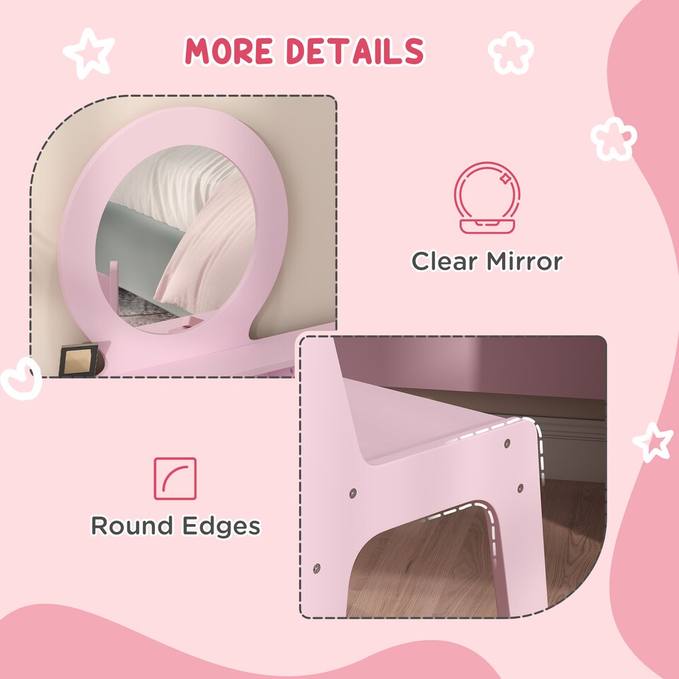 image 1 of AIYAPLAY Kids Dressing Table Set w Stool, Mirror, Drawers - Pink | Pink
