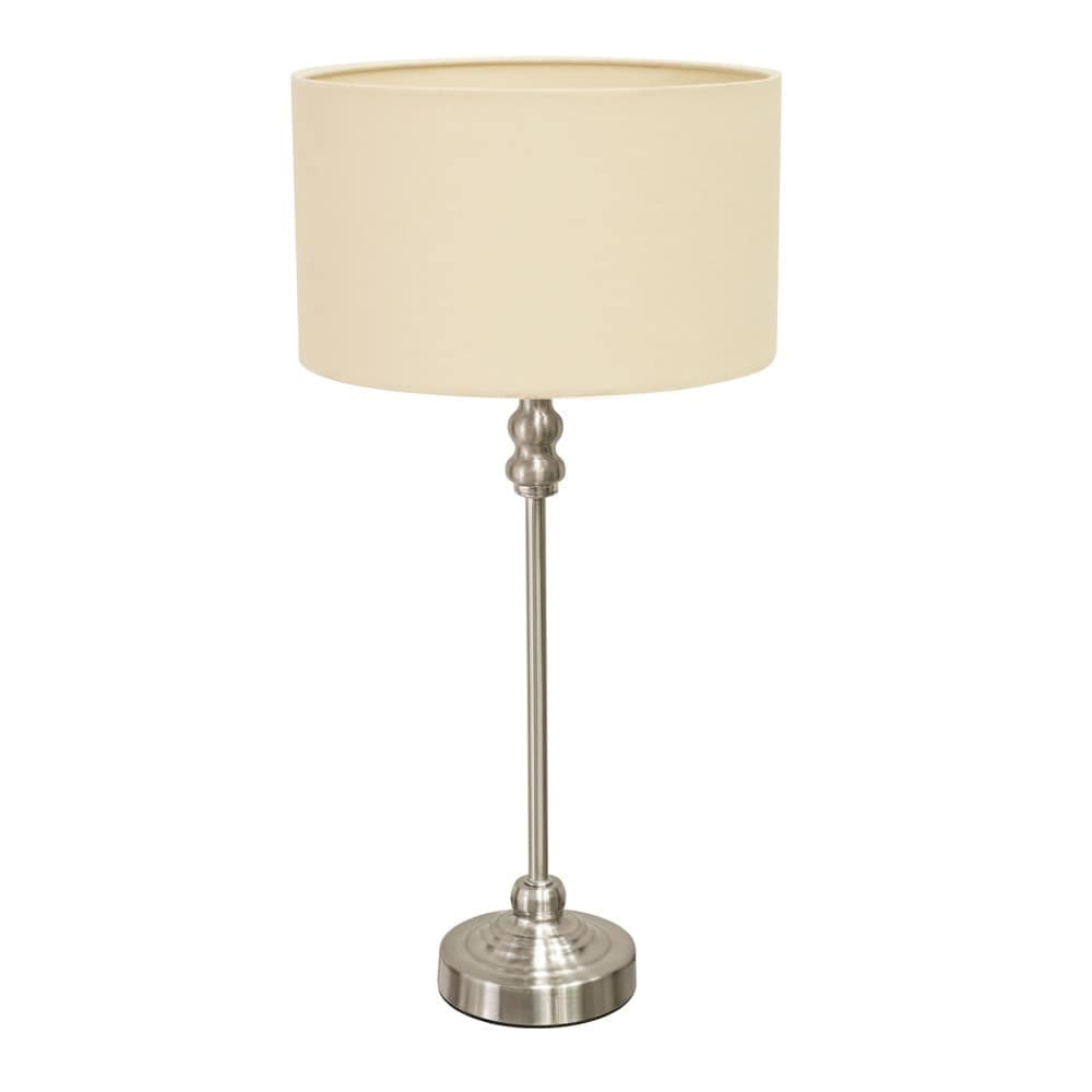 ValueLights Maggie Brushed Chrome Candlestick Table Lamp with Fabric Drum Shade & LED Bulb in Natural