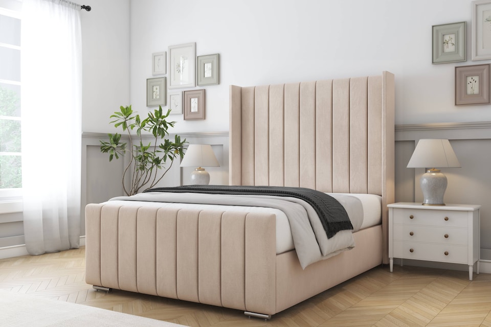image 1 of Sloomy Melbourne Sand Naples Bed Frame With Mattress  With 50" Upholstered Wingback Headboard 2'6 Small Single