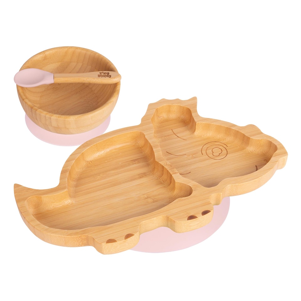 image 1 of Tiny Dining 3pc Bamboo Suction Feeding Set - Dinosaur/Pastel Pink - Divided Non-Slip Bamboo Baby Self-Feeding Dining Weaning Set