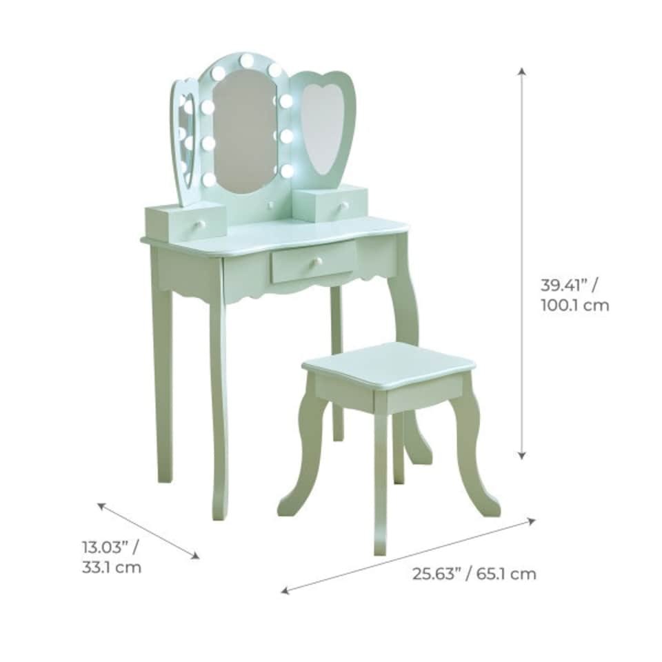 image 1 of Teamson Kids Heart-Shaped Play Vanity Table with LED Lights, Triple Mirror, Stool & Storage Drawers, Sage Green | Green